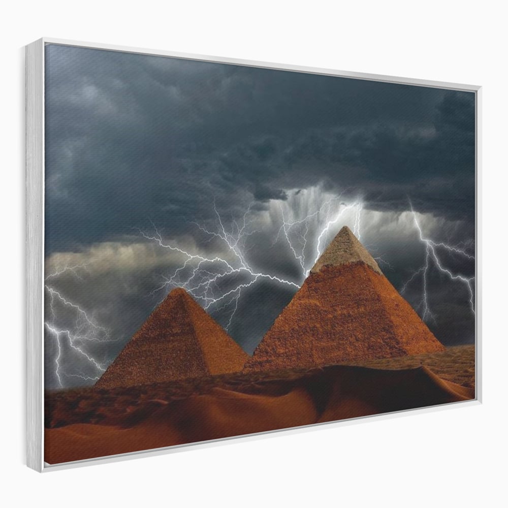 Tablou canvas cu ilustratie cu piramide si fulgere, in rama de aluminiu argintiu